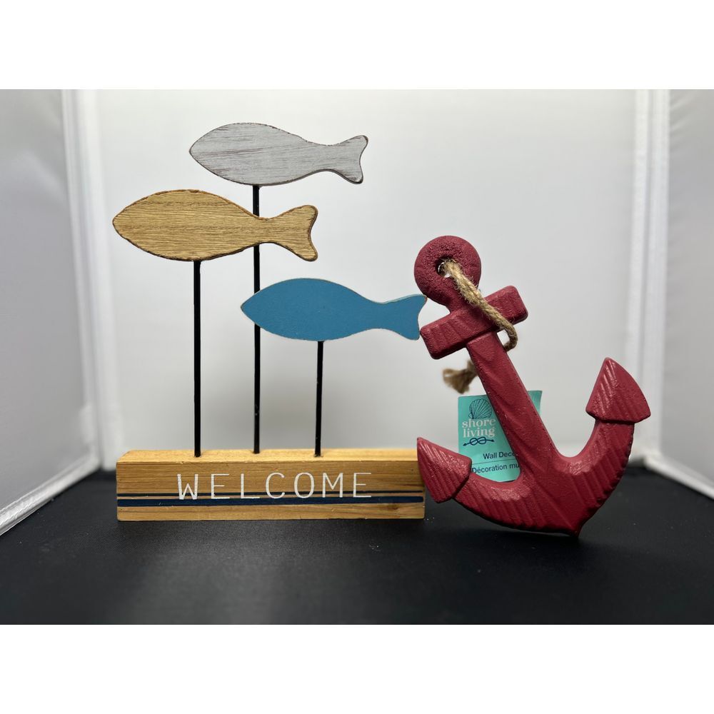 Nautical Welcome‎ Sign with Fish and Anchor Wall Decor Beach House Decoration